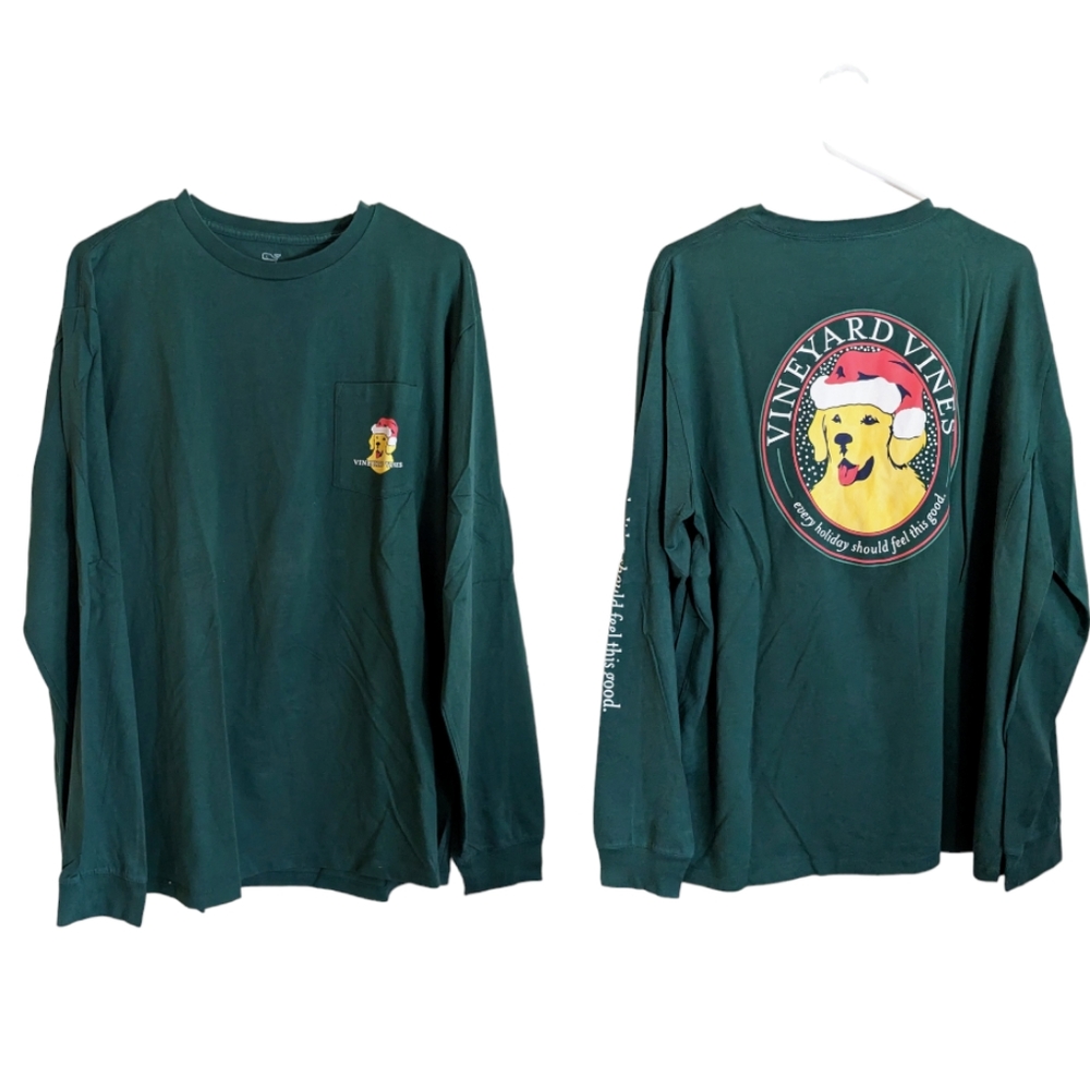 Vineyard Vines Xmas Good Boy Pocket Tee Dark Green Tee Santa Dog Size XL